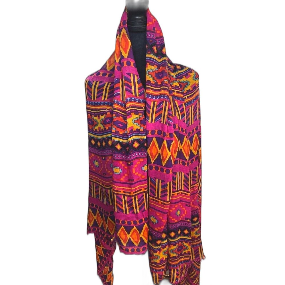 Vintage Boho Tribal Print Wrap Scarf Large Oversized Pashmina Shawl Pink Purple